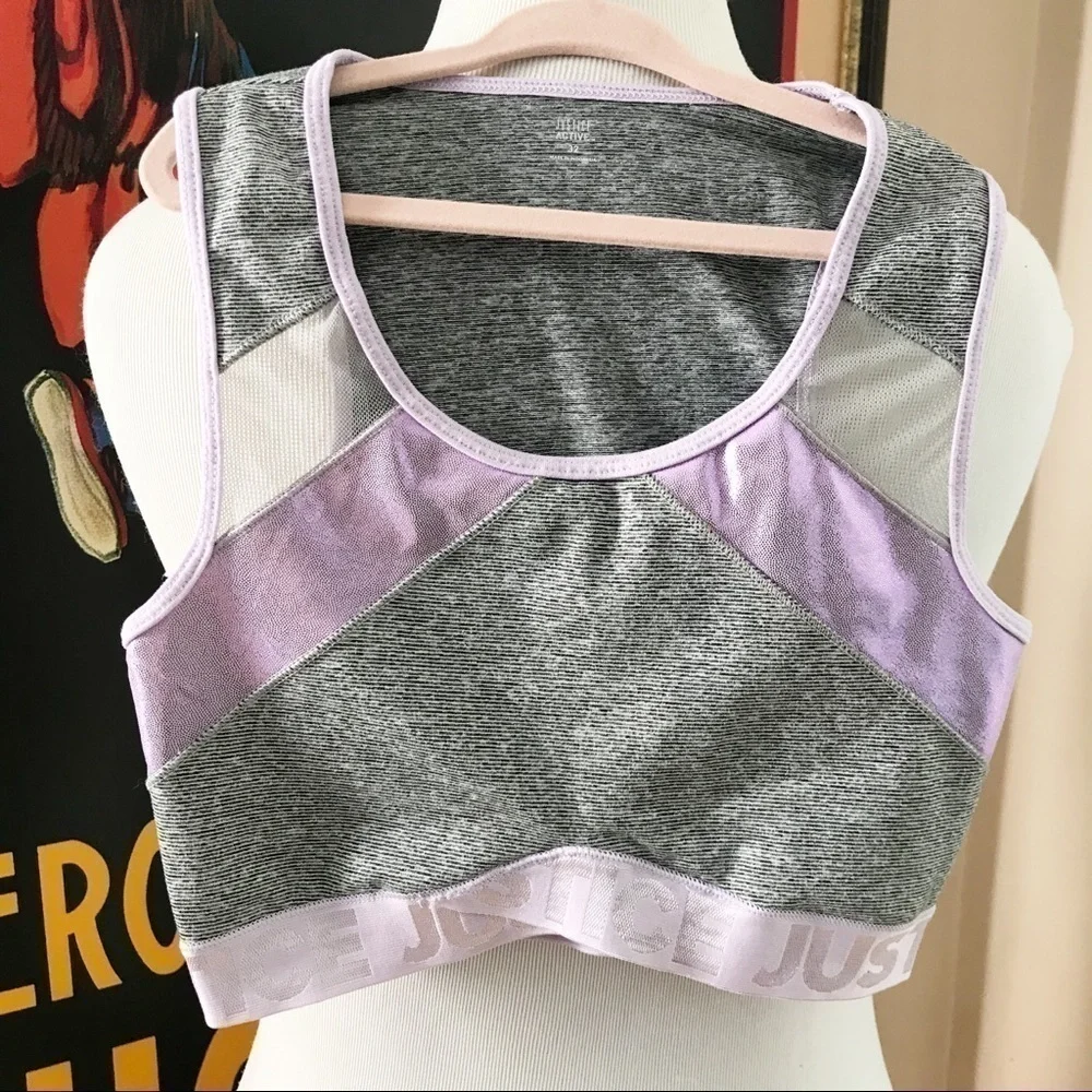 Justice: Heathered Gray Stripes Shiny Purple Bra